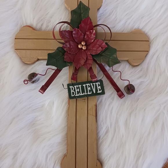 Wooden Cross with Metal Poinsettia Design - Picture 5 of 5